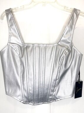 NEW WITH TAGS-Japna Metallic Silver Faux Leather Corset Crop Top Y2k Size Large